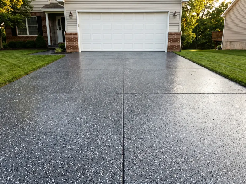 Coated concrete residential driveway with slip-resistant topcoat